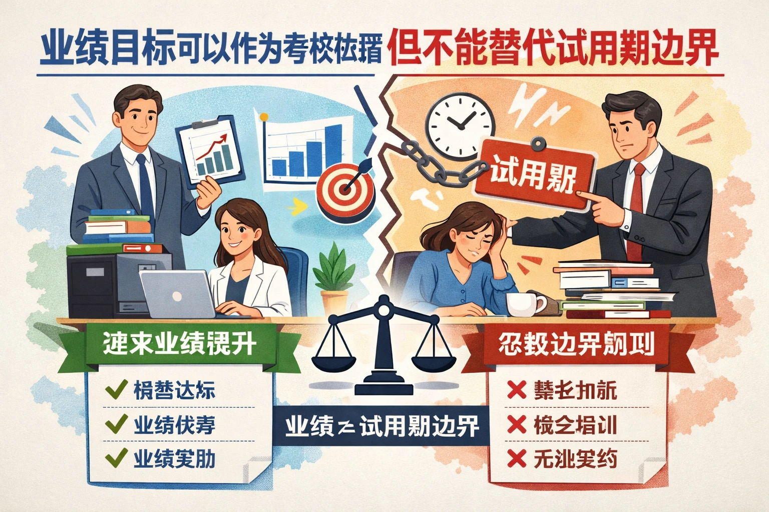 业绩目标可以作为考核依据，但不能替代试用期边界
