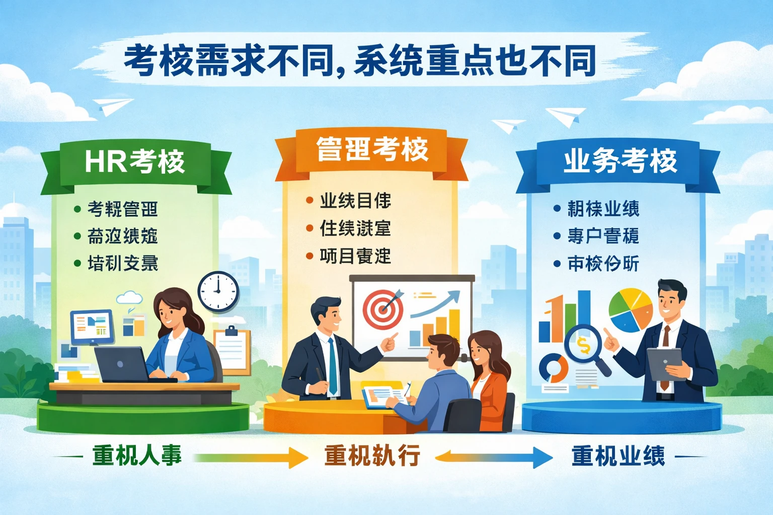 考核需求不同，系统重点也不同