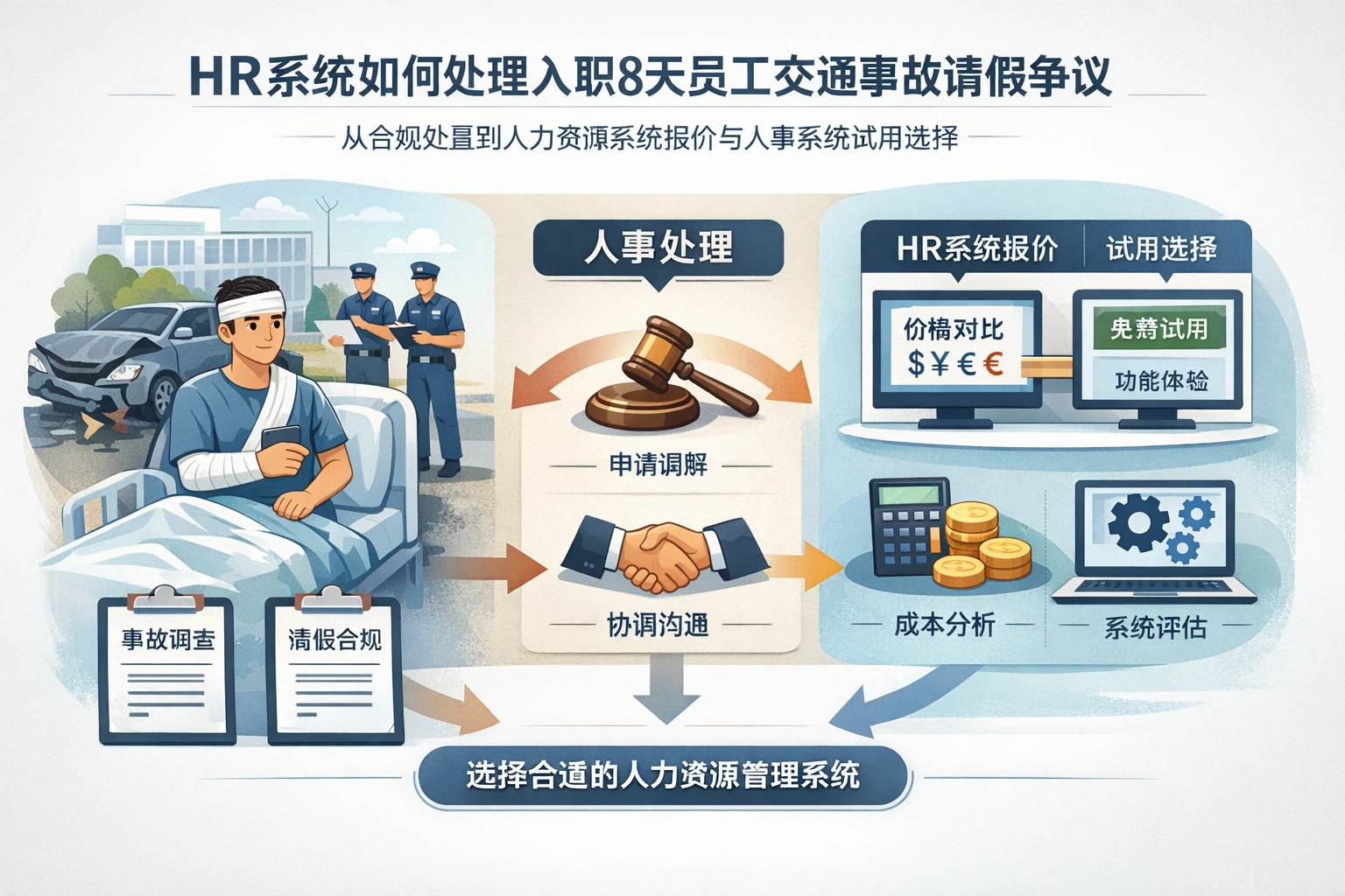 HR系统如何处理入职8天员工交通事故请假争议：从合规处置到人力资源系统报价与人事系统试用选择