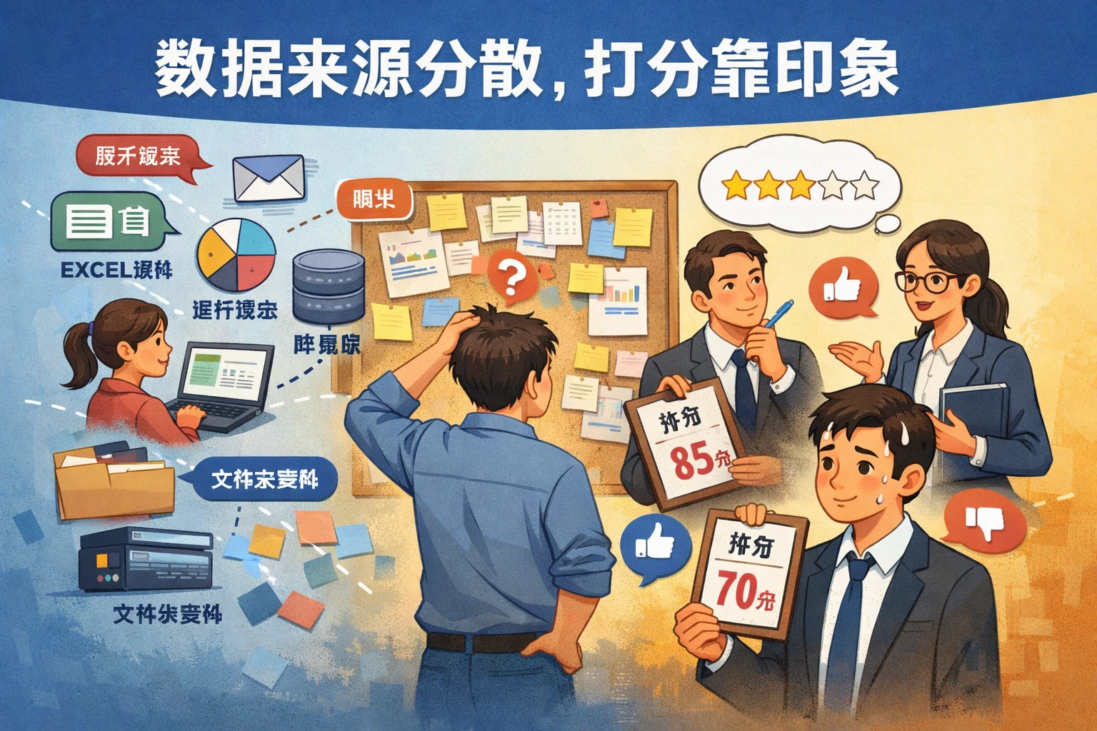 数据来源分散，打分靠印象