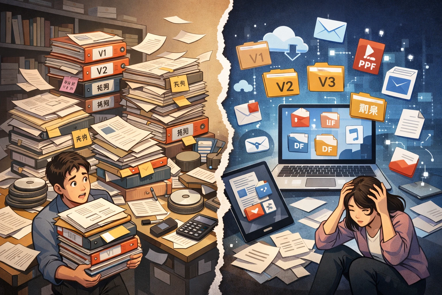附件多、版本多，纸质与电子资料容易割裂
