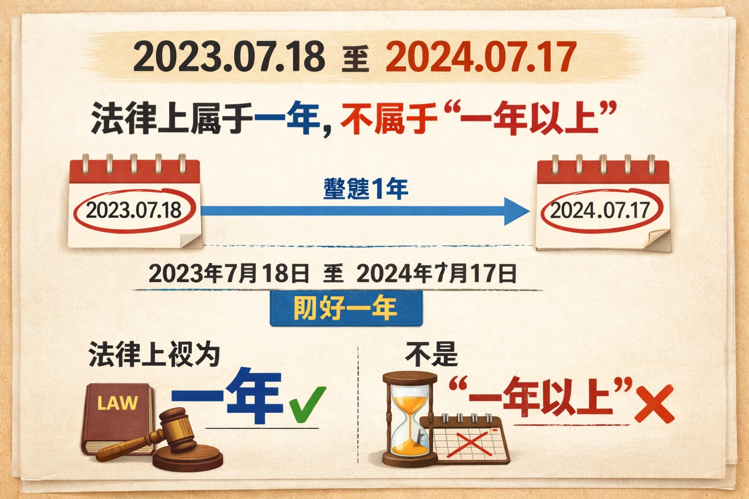 2023.07.18至2024.07.17，法律上属于一年，不属于“一年以上”