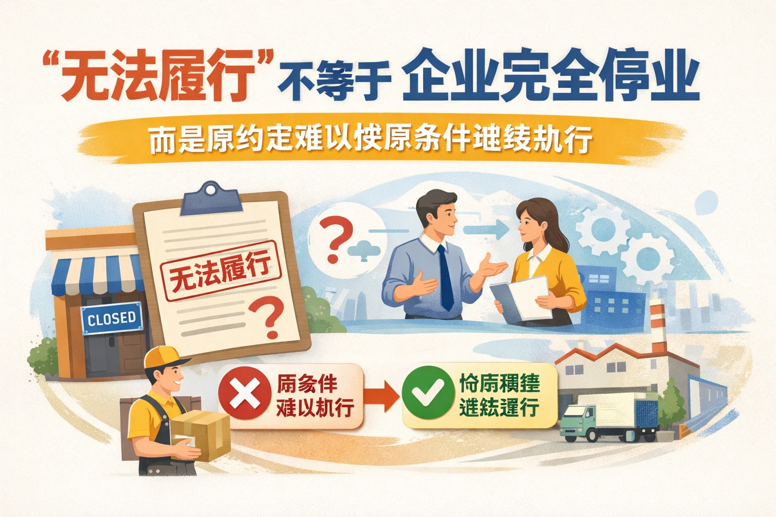 “无法履行”不等于企业完全停业，而是原约定难以按原条件继续执行