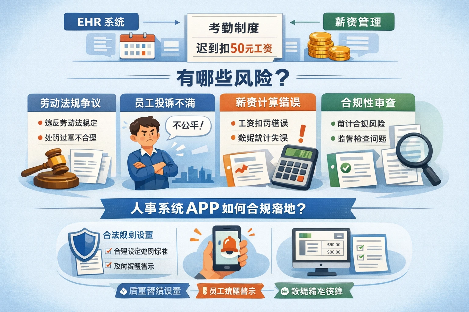 ehr系统与薪资管理系统视角下，考勤制度写明“迟到扣50元工资”有哪些风险？人事系统APP如何合规落地