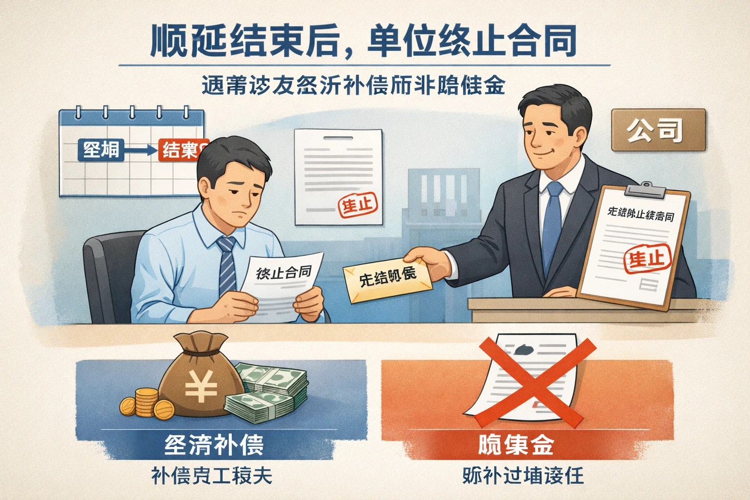 顺延结束后，单位终止合同，通常涉及经济补偿而非赔偿金