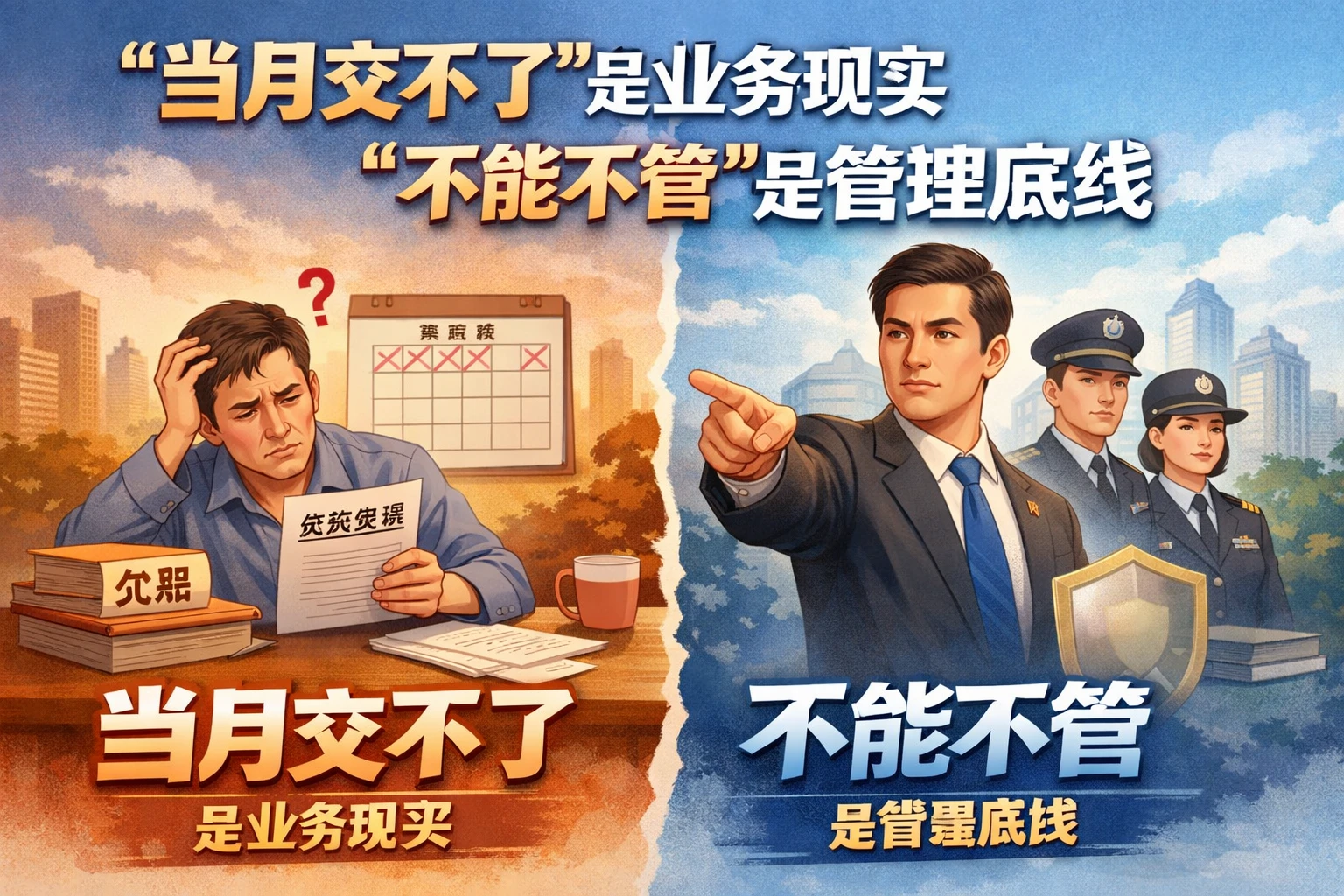 “当月交不了”是业务现实，“不能不管”是管理底线