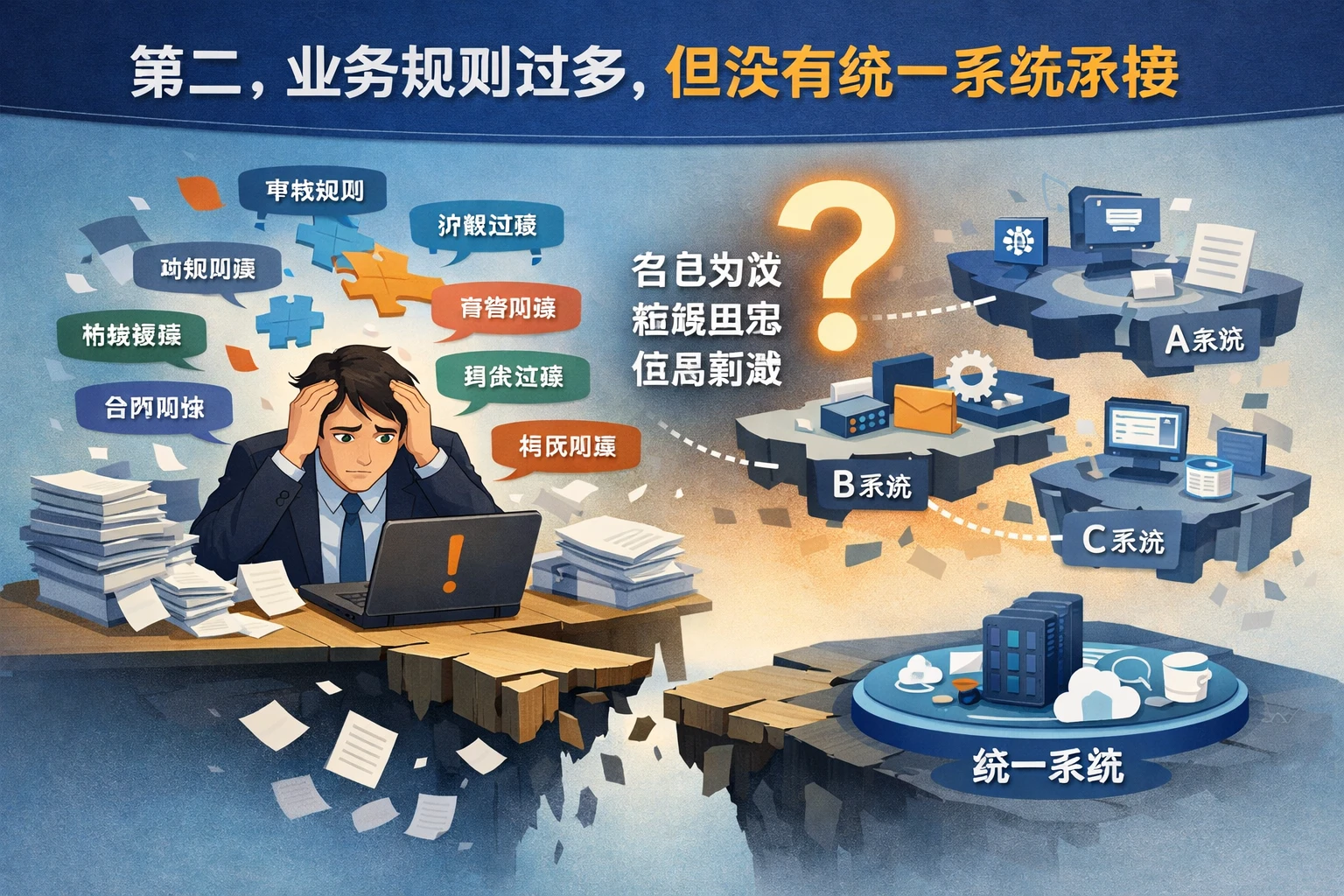 第二，业务规则过多，但没有统一系统承接