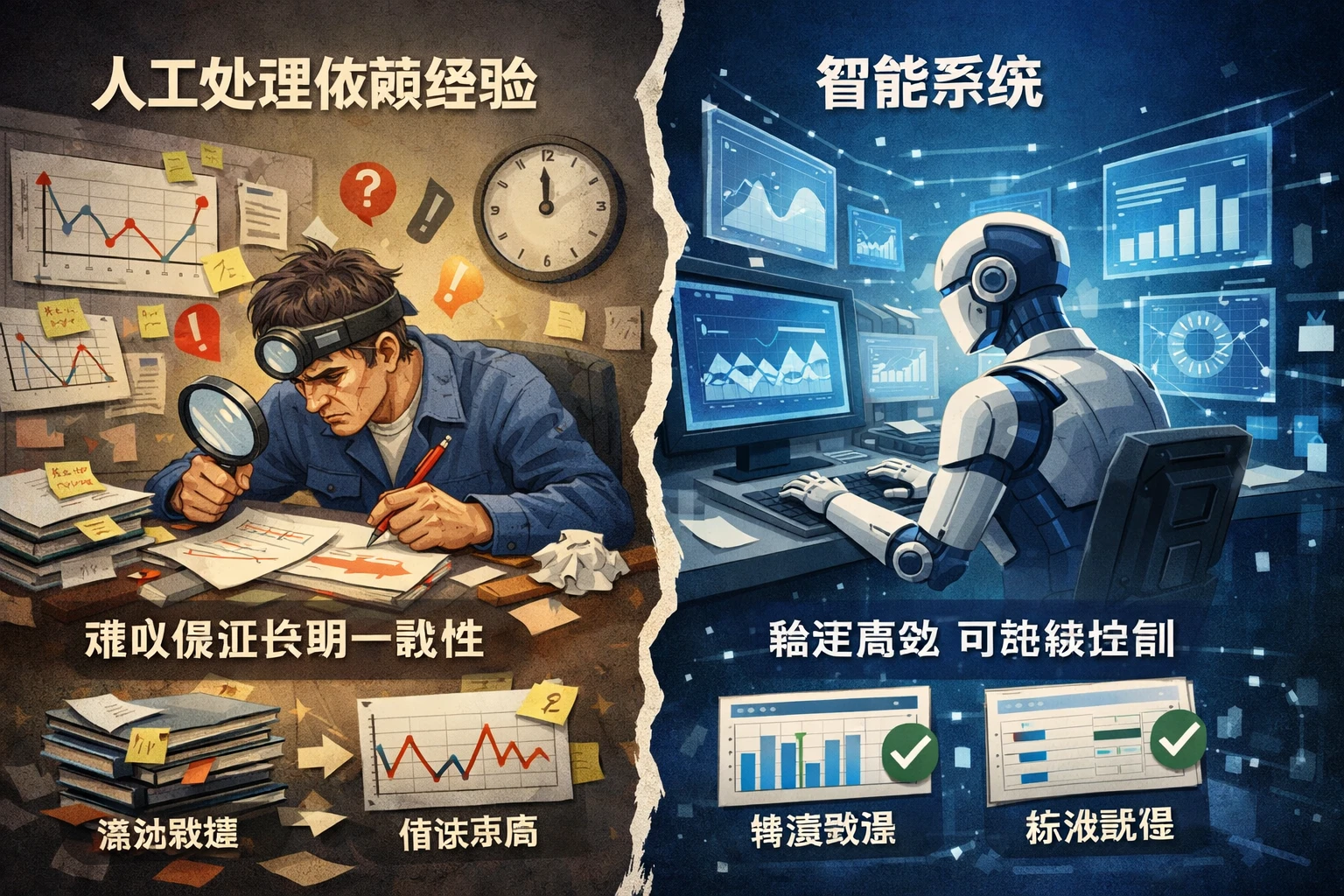 人工处理依赖经验,难以保证长期一致性