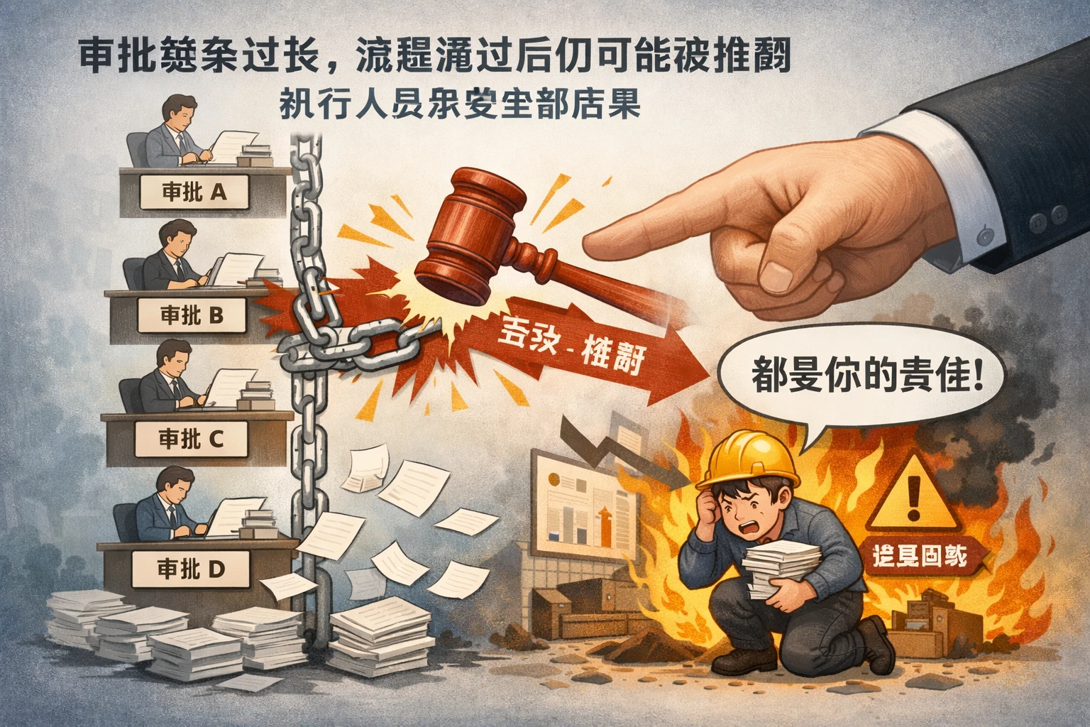 2. 审批链条过长，流程通过后仍可能被推翻，执行人员承受全部后果