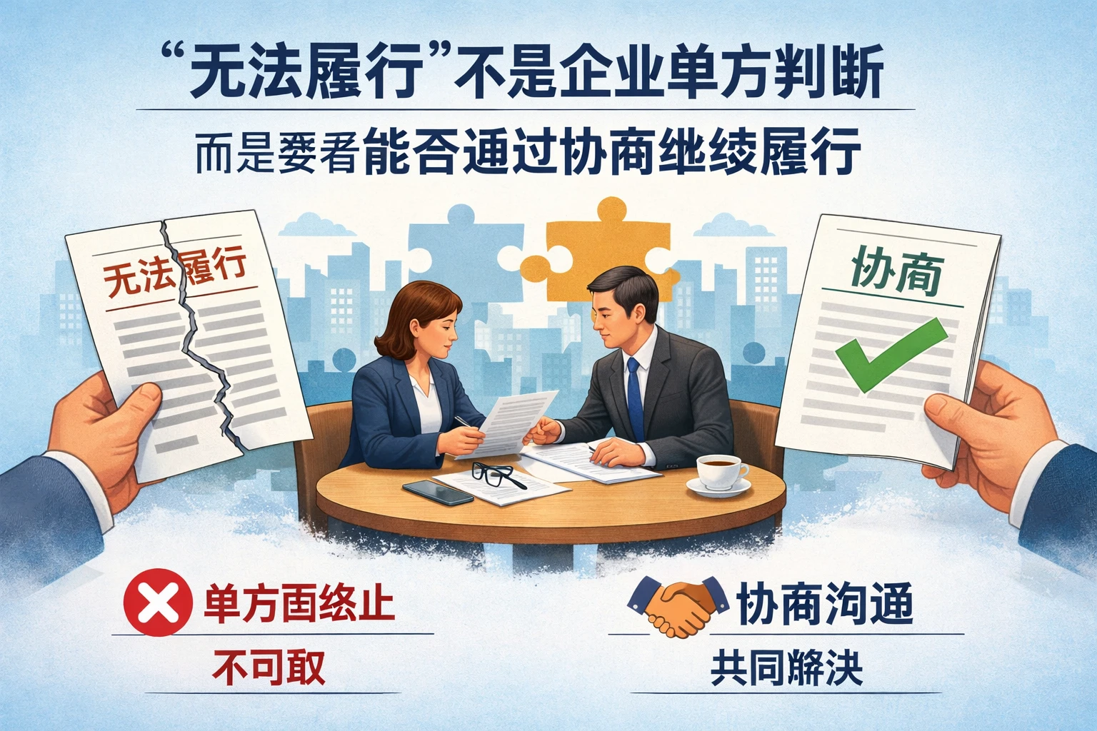 “无法履行”不是企业单方判断，而是要看能否通过协商继续履行