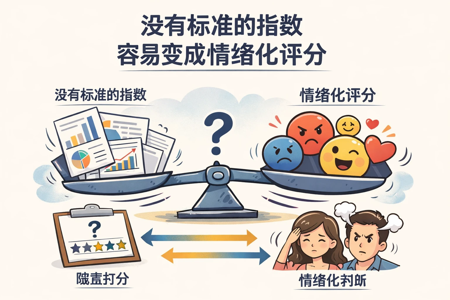 没有标准的指数，容易变成情绪化评分