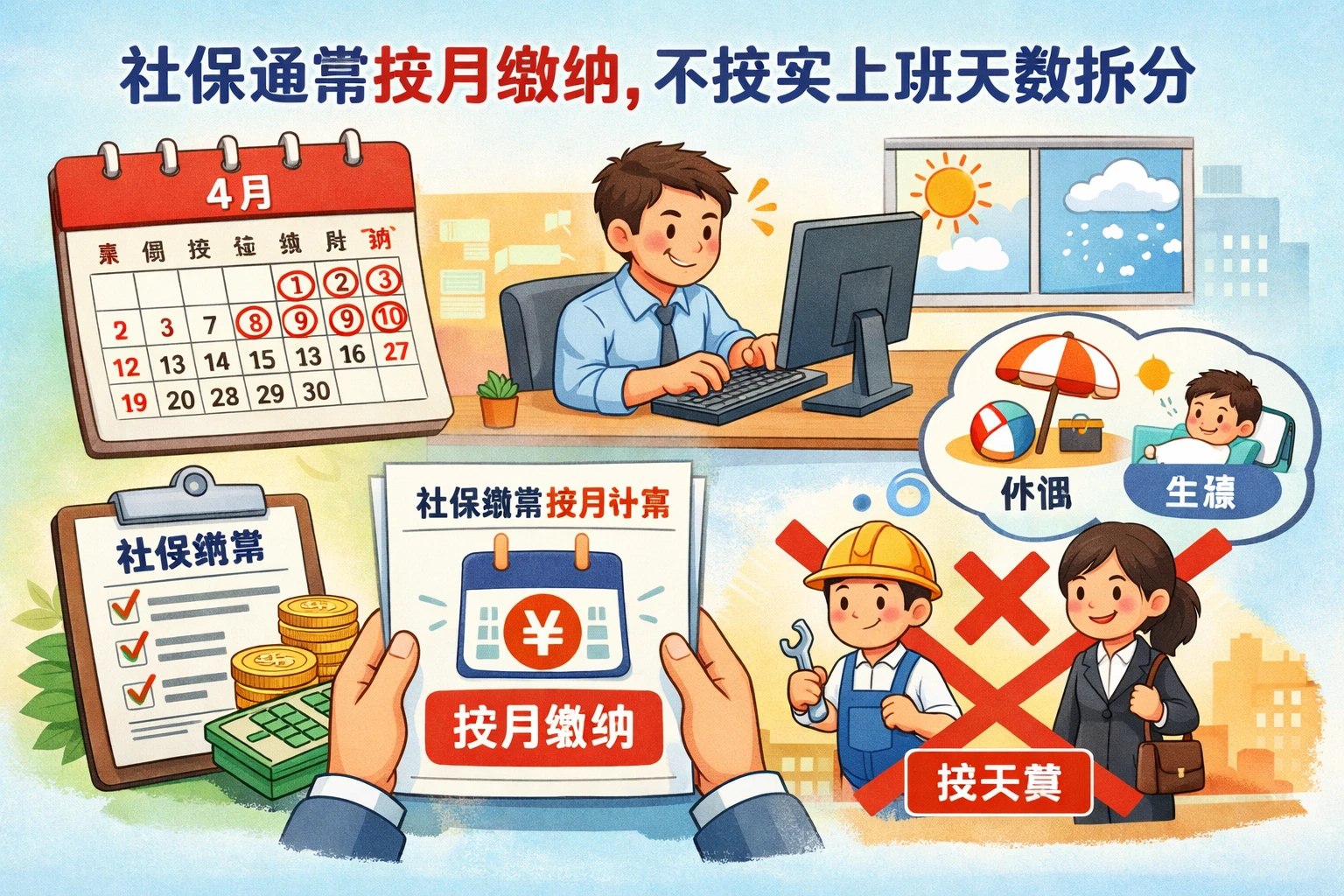 社保通常按月缴纳，不按实际上班天数拆分