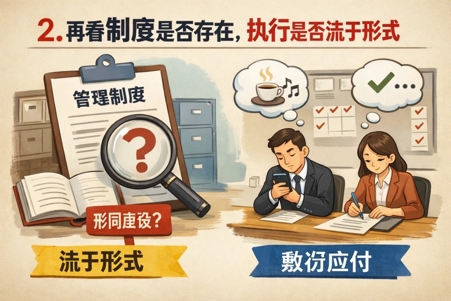 2. 再看制度是否存在,执行是否流于形式