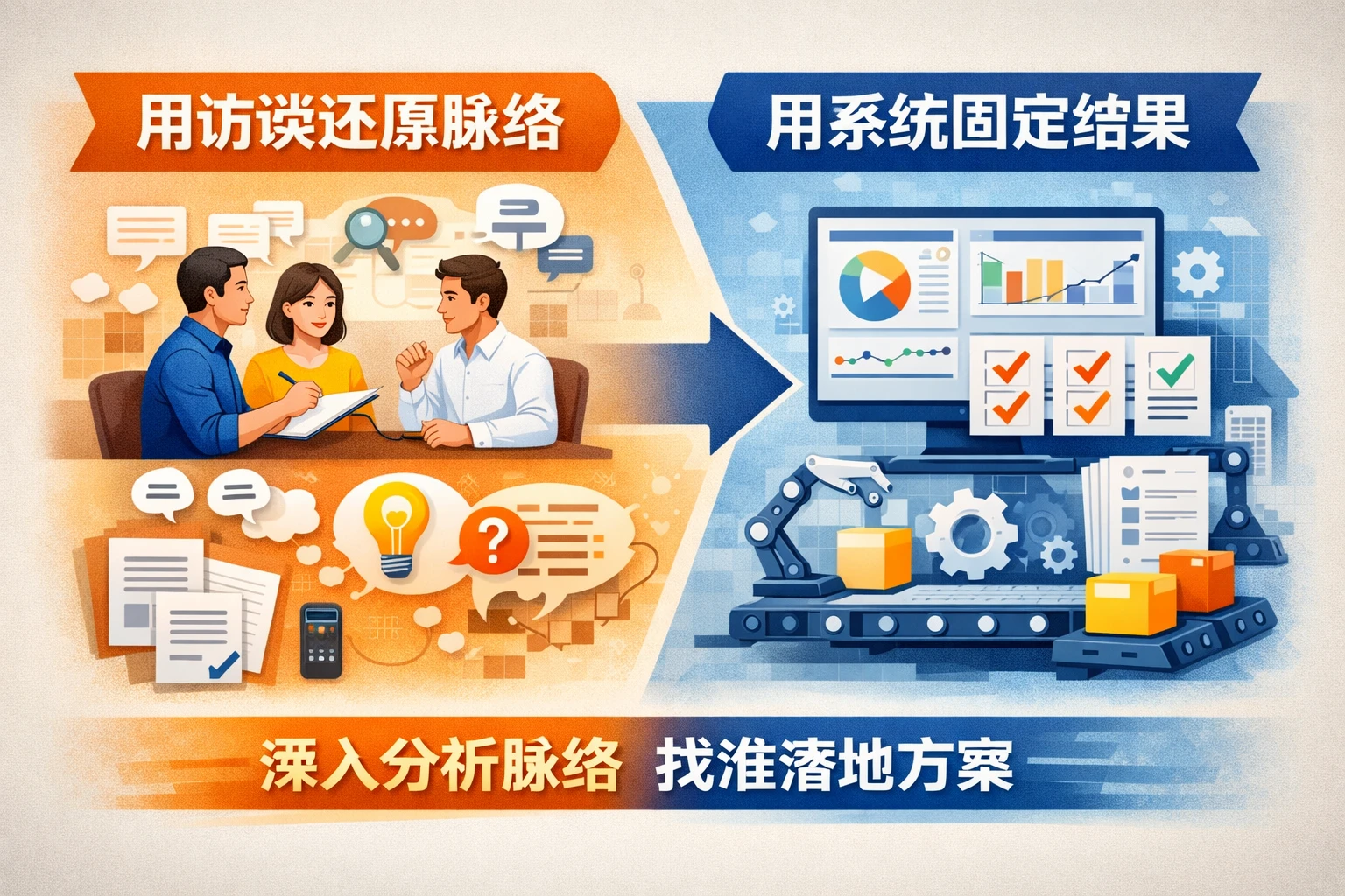 用访谈还原脉络，用系统固定结果