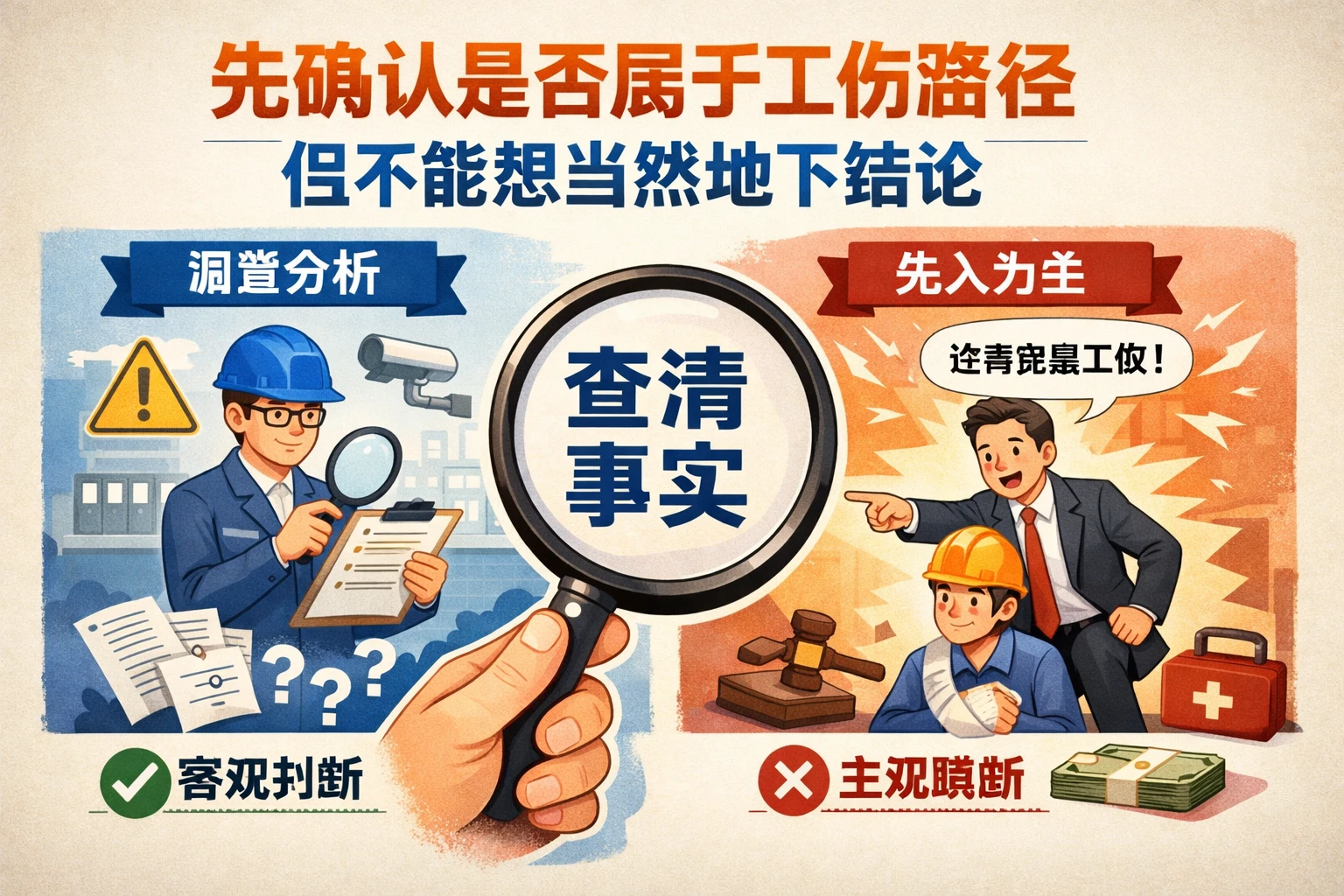 先确认是否属于工伤路径，但不能想当然地下结论