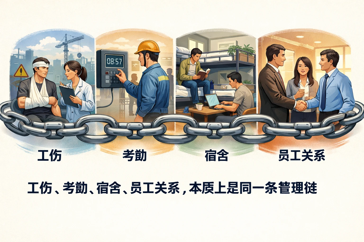 工伤、考勤、宿舍、员工关系，本质上是同一条管理链