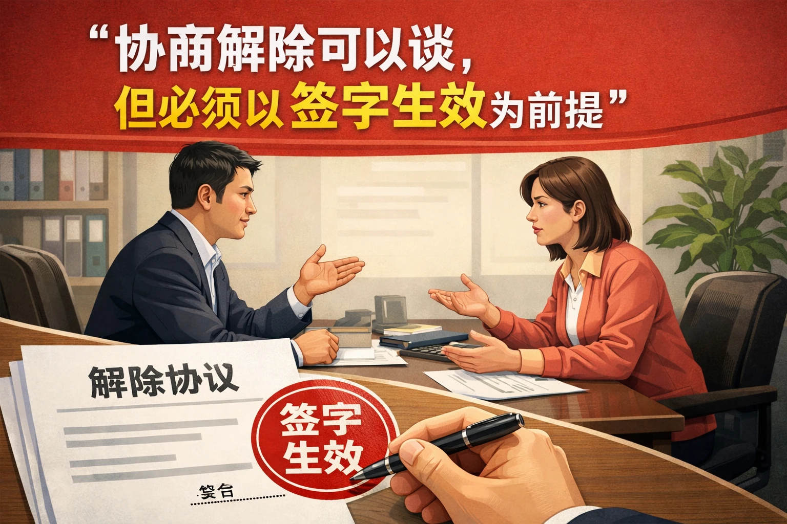 协商解除可以谈，但必须以签字生效为前提