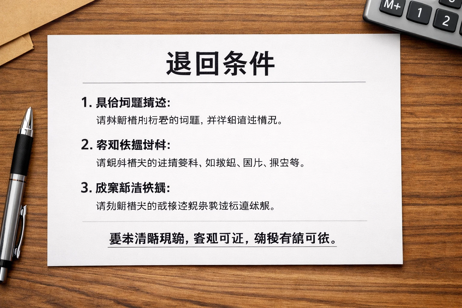 退回条件写什么更合适，核心是明确、客观、可证明