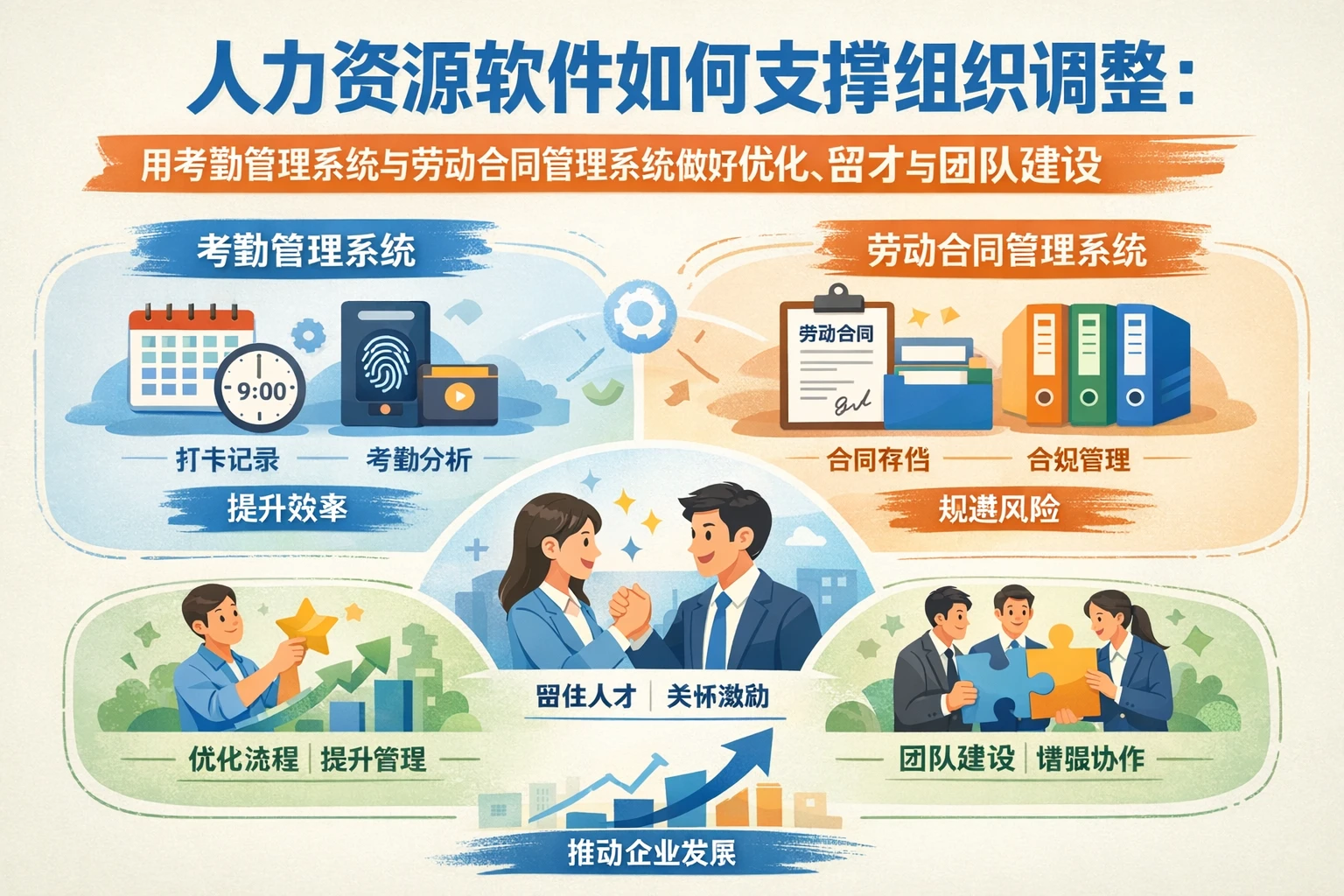 人力资源软件如何支撑组织调整:用考勤管理系统与劳动合同管理系统做好优化、留才与团队建设