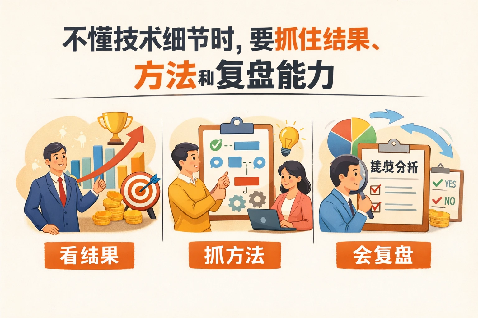 不懂技术细节时，要抓住结果、方法和复盘能力
