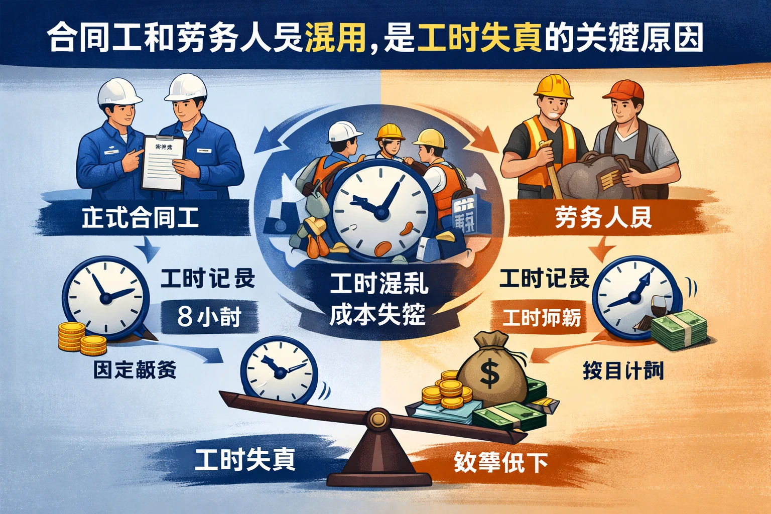 合同工和劳务人员混用，是工时失真的关键原因