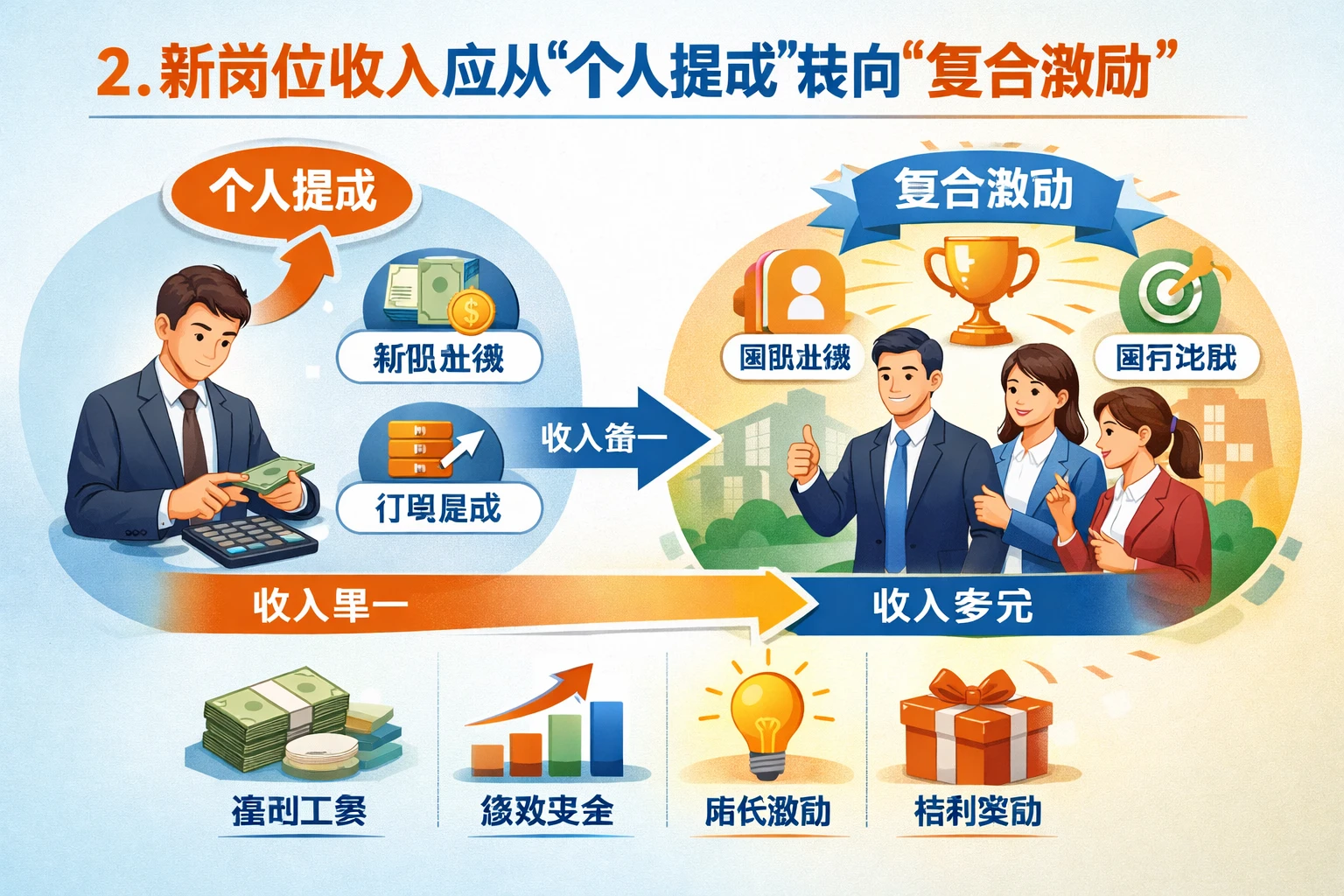 2. 新岗位收入应从“个人提成”转向“复合激励”