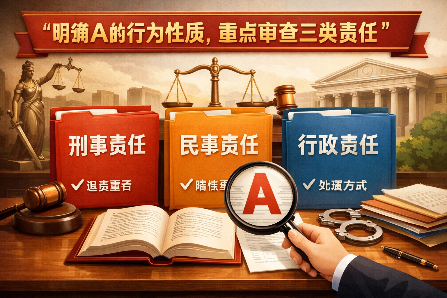 明确A的行为性质,重点审查三类责任