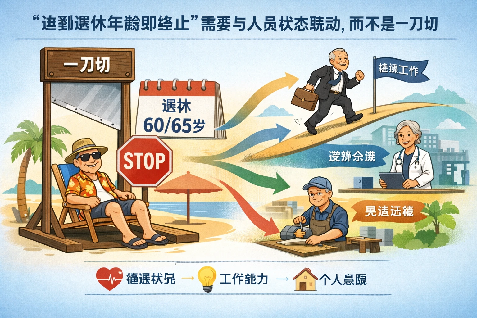 “达到退休年龄即终止”需要与人员状态联动，而不是一刀切