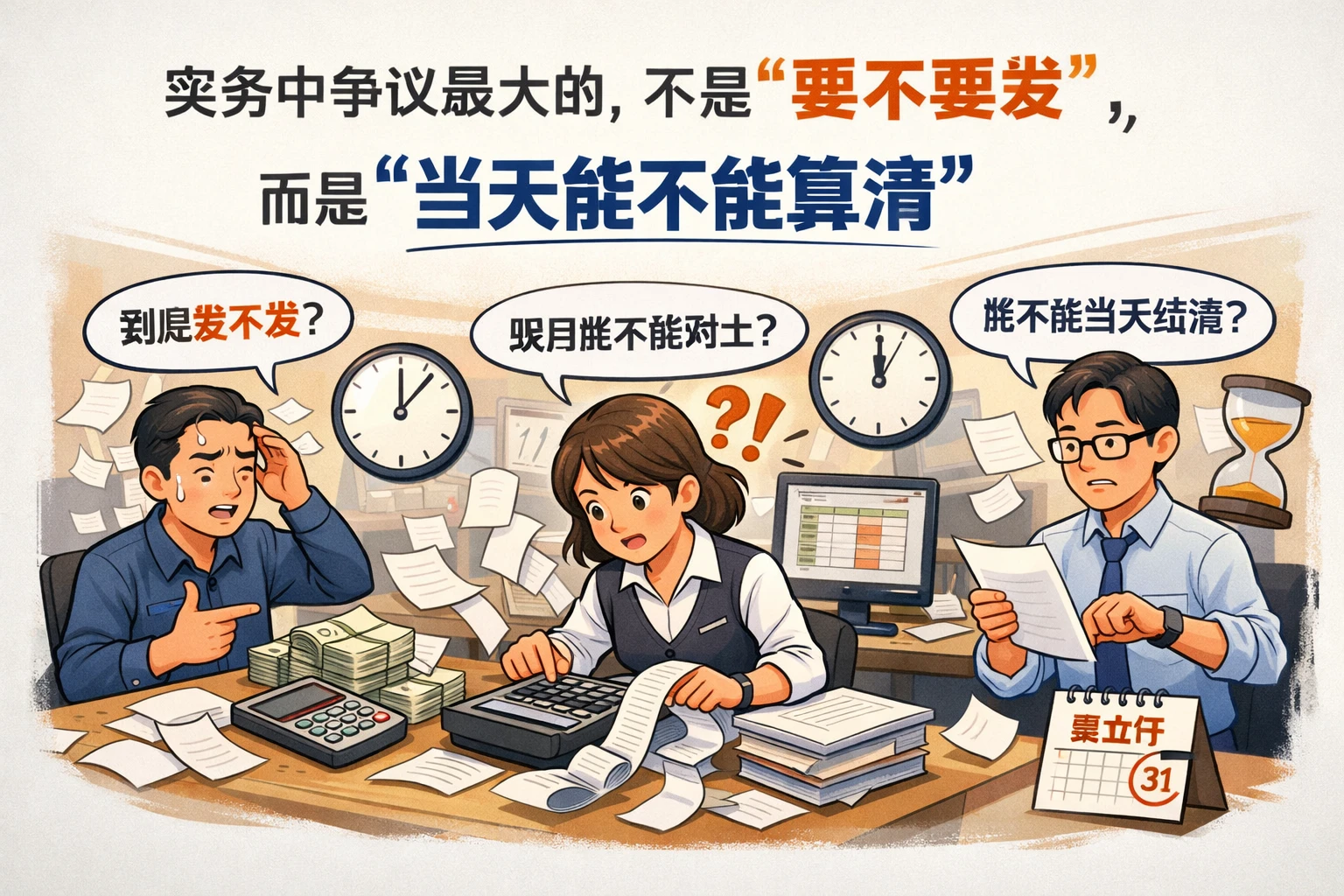 实务中争议最大的，不是“要不要发”，而是“当天能不能算清”