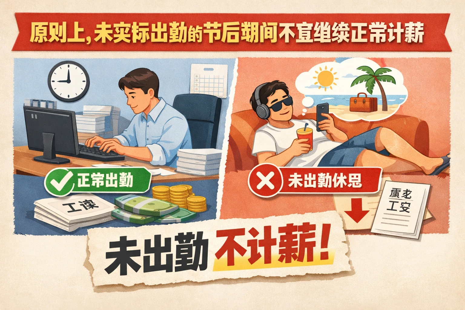 原则上，未实际出勤的节后期间不宜继续正常计薪