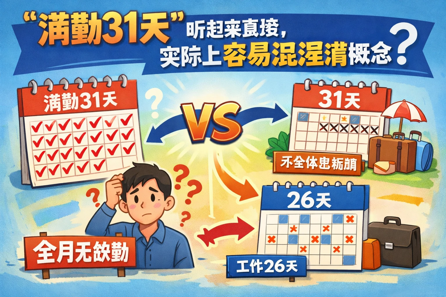 “满勤31天”听起来直接，实际上容易混淆概念