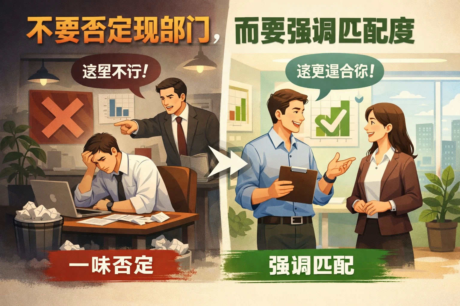 不要否定现部门,而要强调匹配度