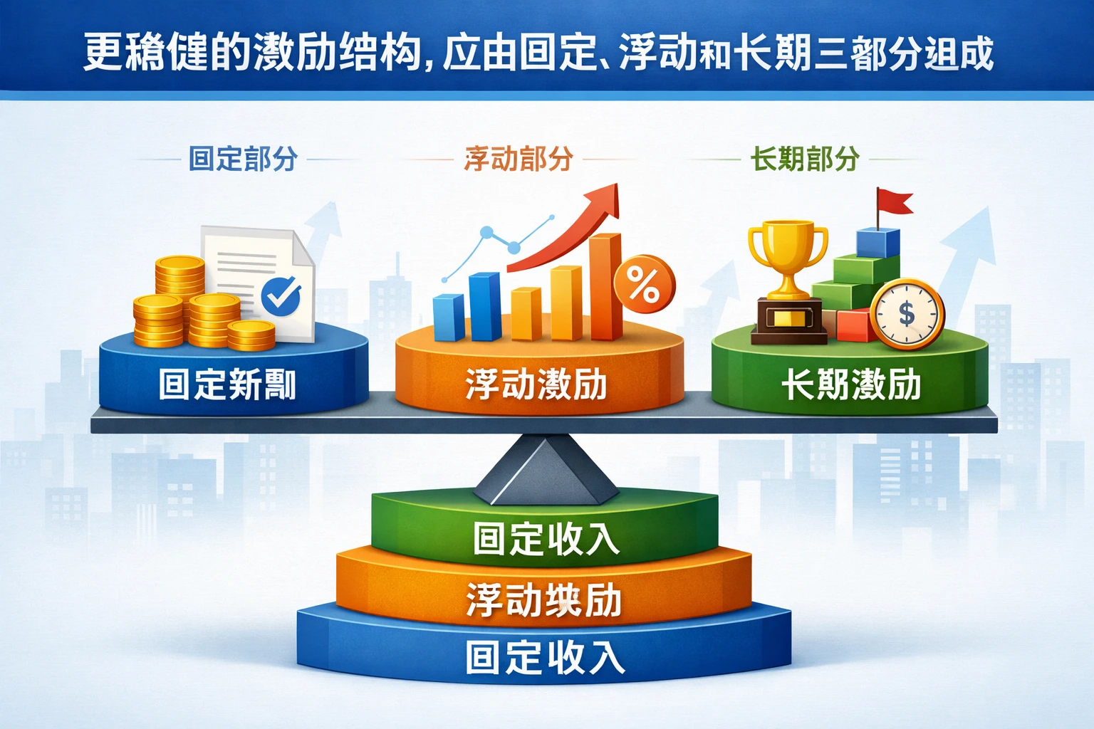 更稳健的激励结构，应由固定、浮动和长期三部分组成