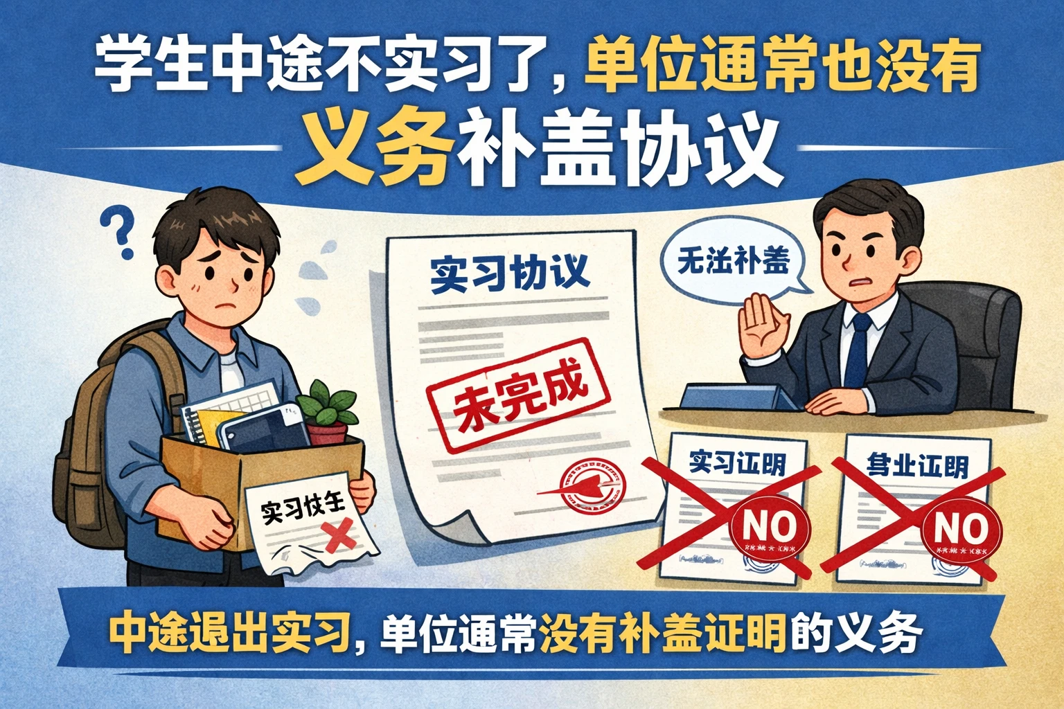 学生中途不实习了，单位通常也没有义务补盖协议