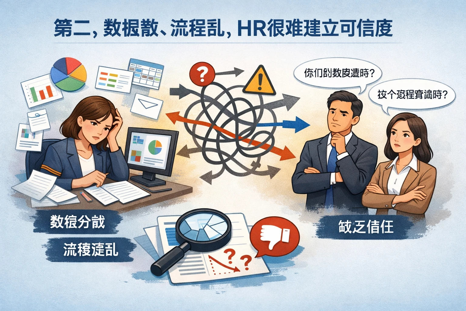 第二，数据散、流程乱，HR很难建立可信度