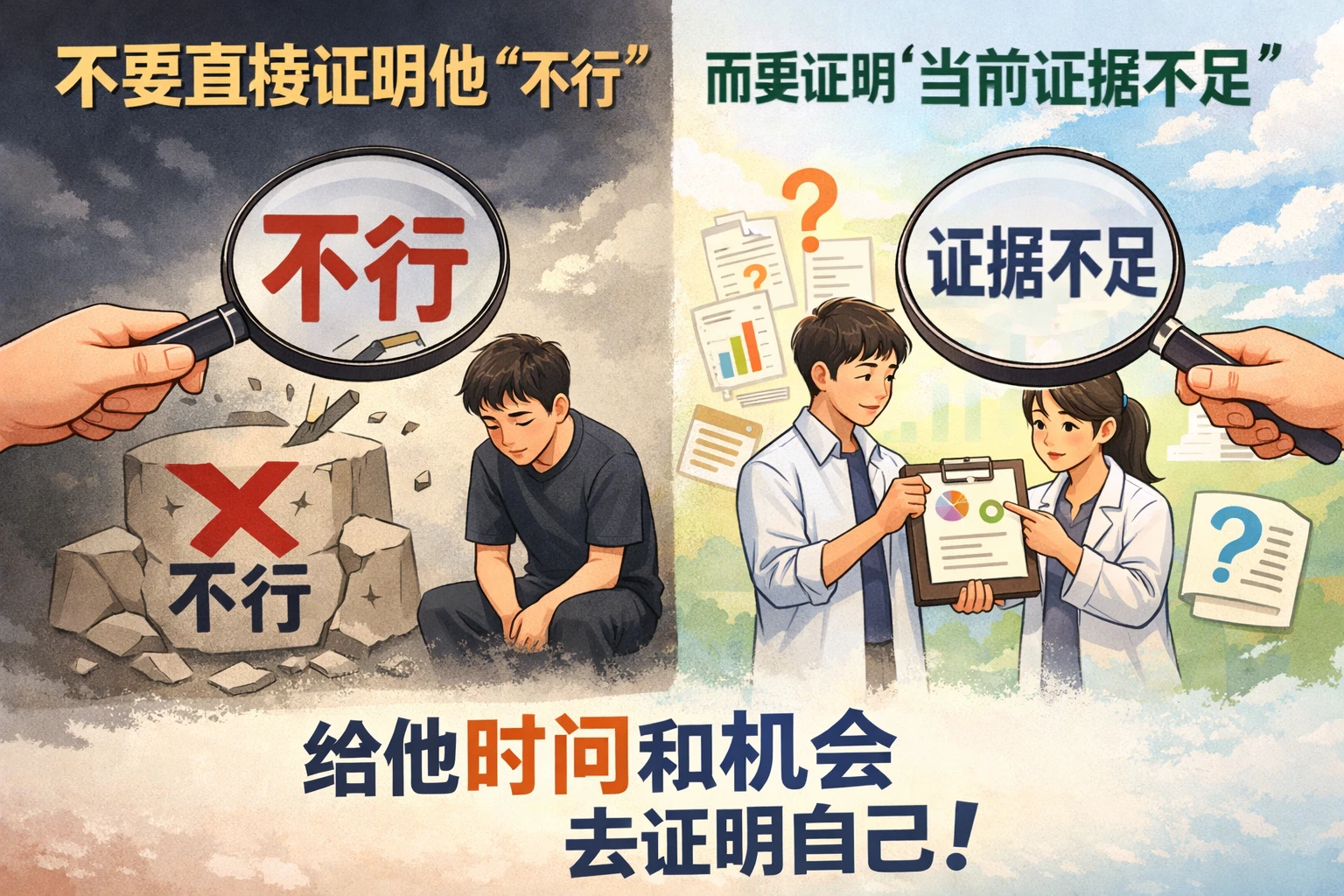 不要直接证明他“不行”，而要证明“当前证据不足”