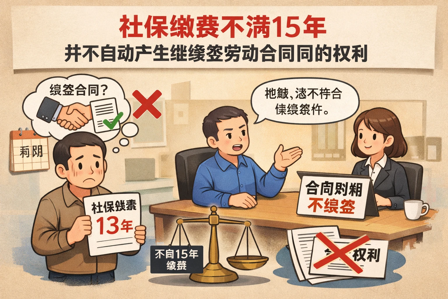 社保缴费不满15年，并不自动产生继续签劳动合同的权利