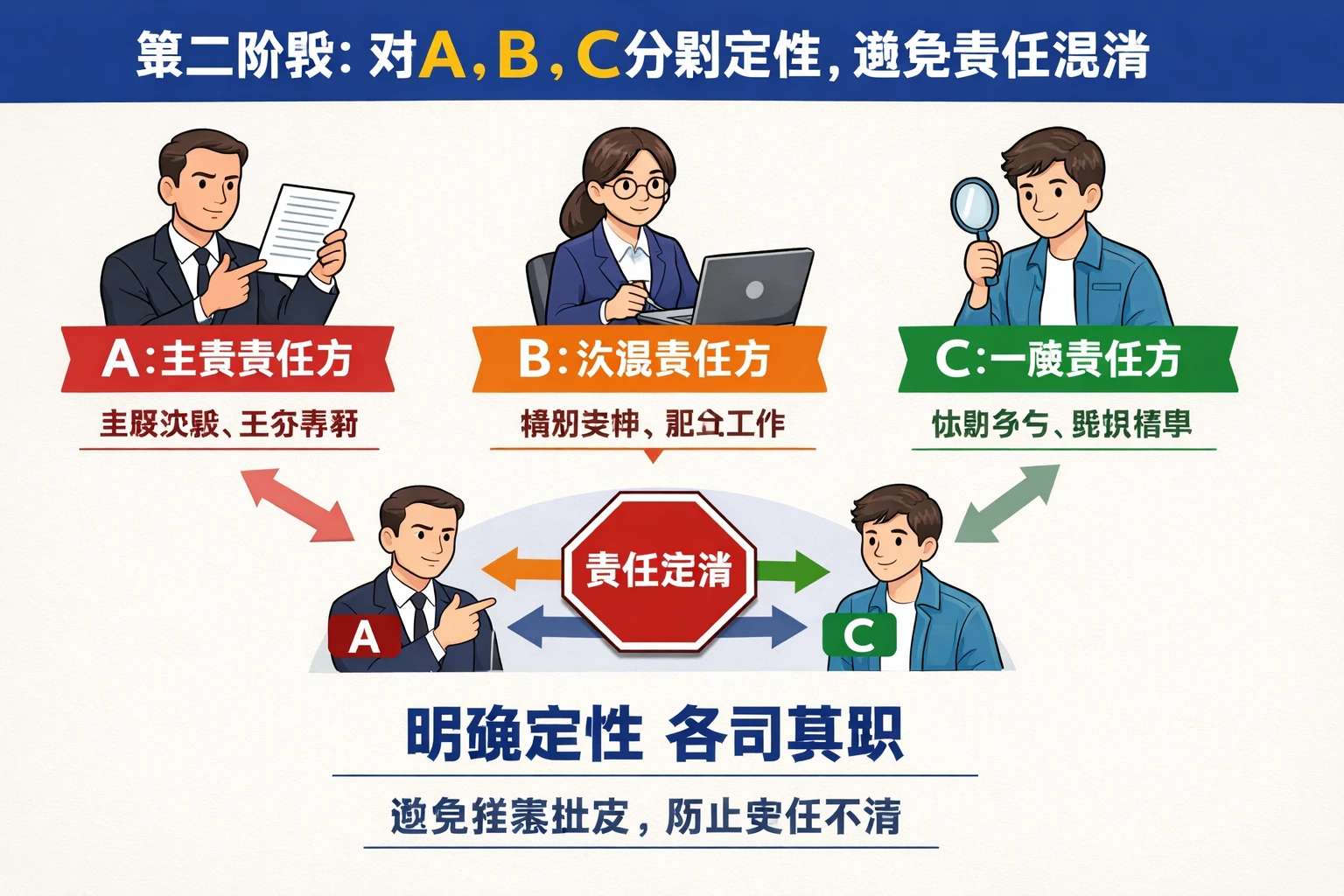 第二阶段：对A、B、C分别定性，避免责任混淆