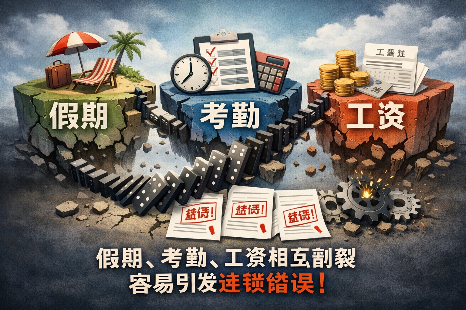 假期、考勤、工资相互割裂，容易引发连锁错误