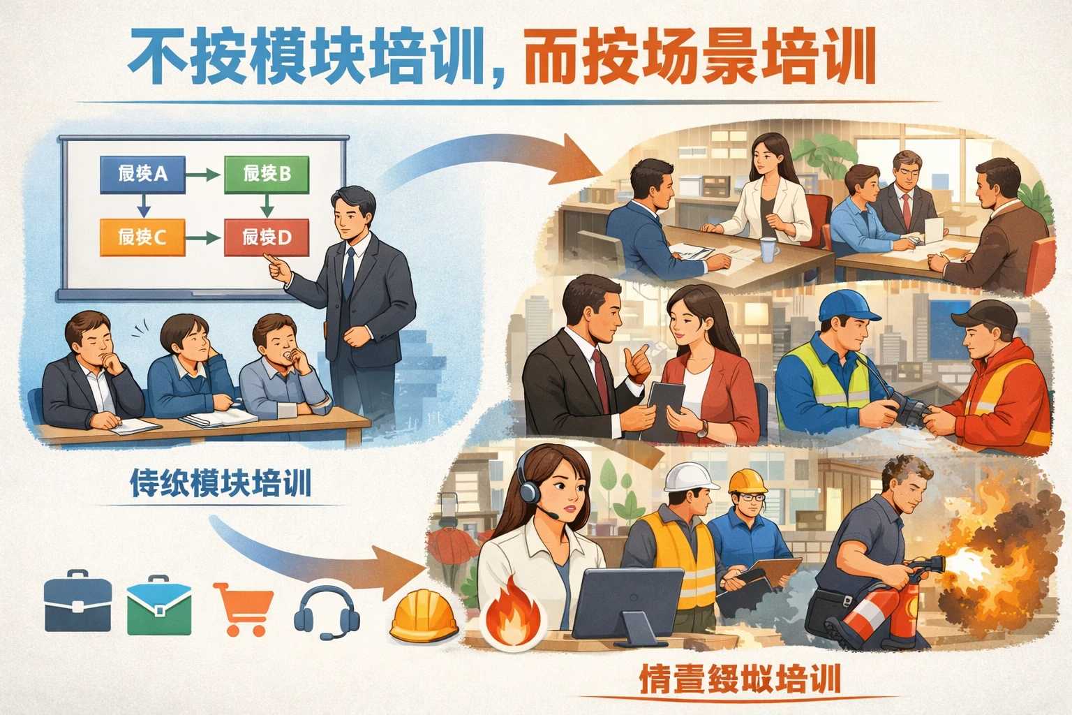 不按模块培训，而按场景培训