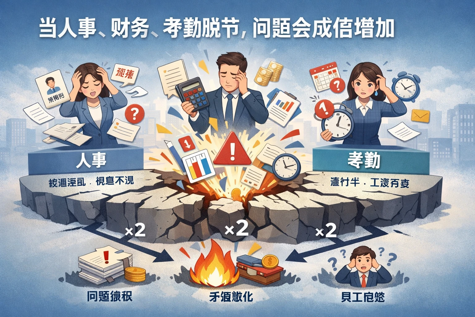 当人事、财务、考勤脱节，问题会成倍增加