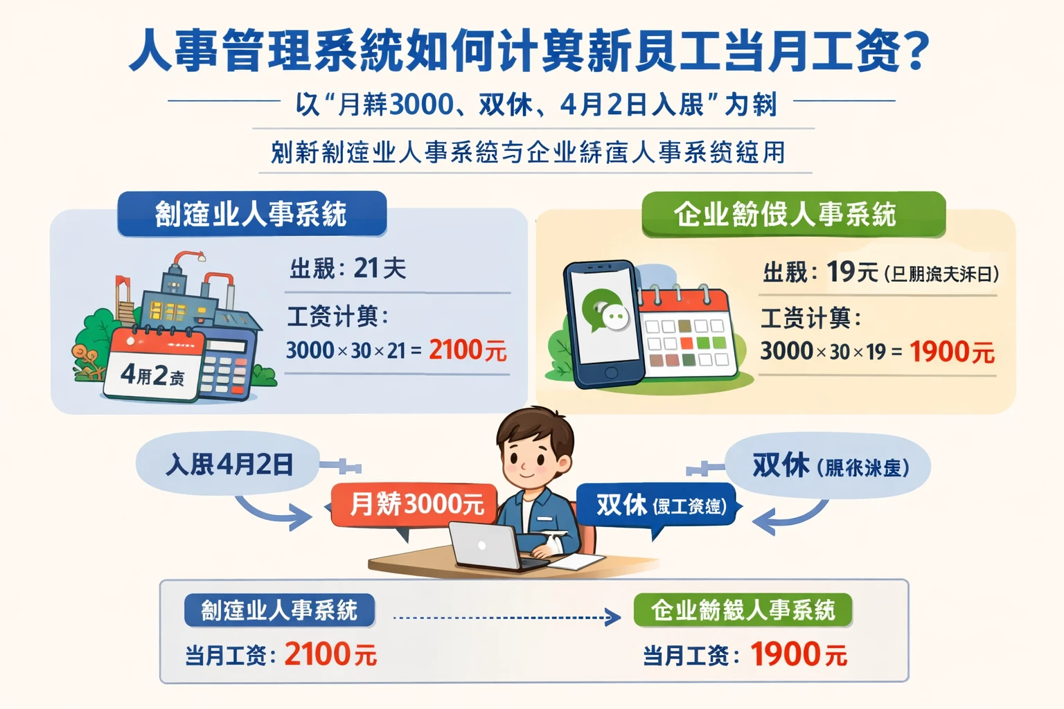 人事管理系统如何计算新员工当月工资：以“月薪3000、双休、4月2日入职”为例，解析制造业人事系统与企业微信人事系统应用