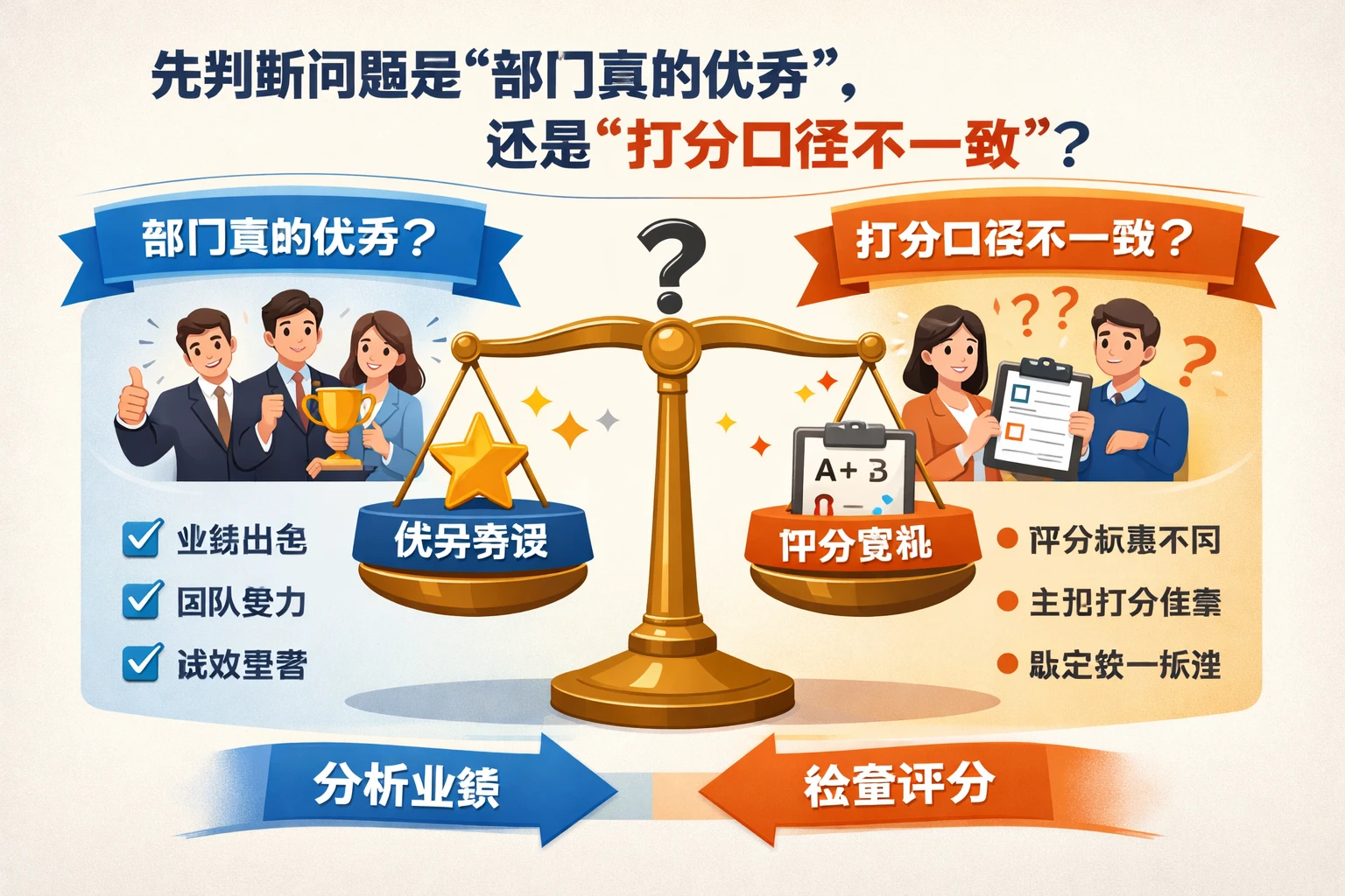 先判断问题是“部门真的优秀”，还是“打分口径不一致”
