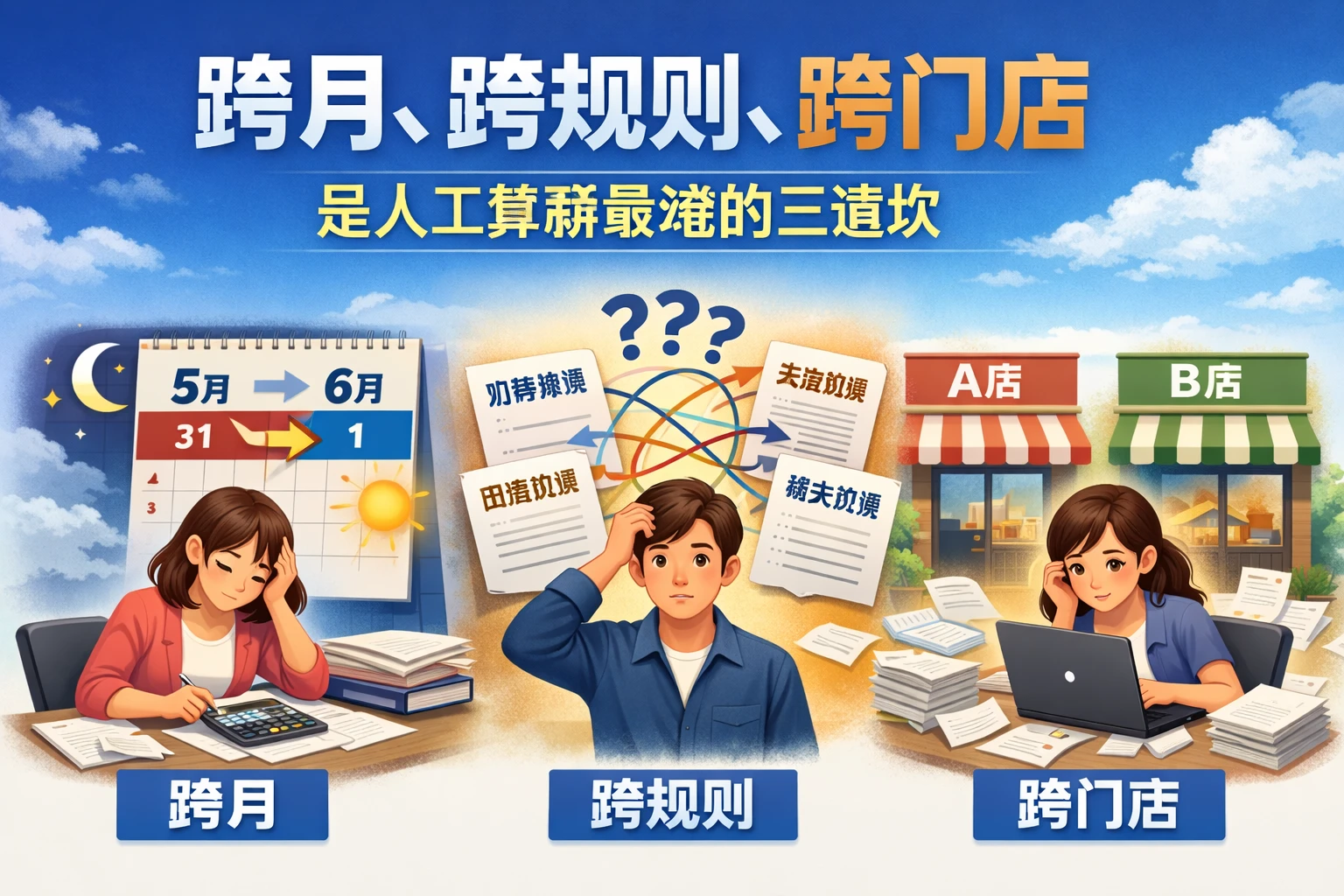 跨月、跨规则、跨门店，是人工算薪最难的三道坎