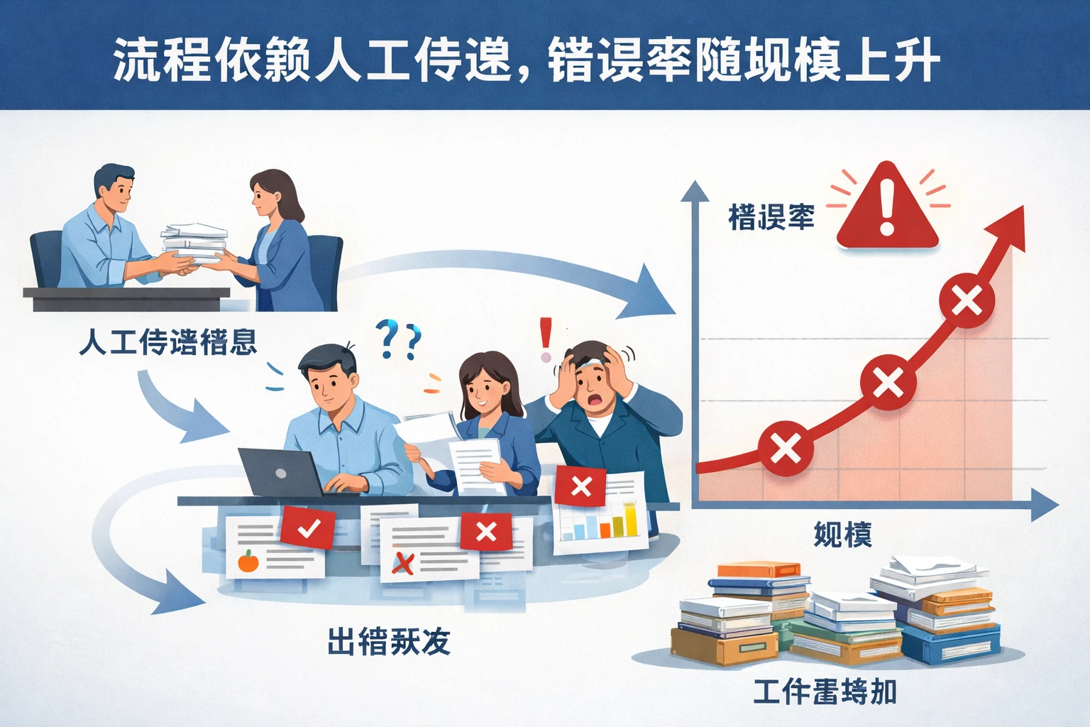 流程依赖人工传递，错误率随规模上升