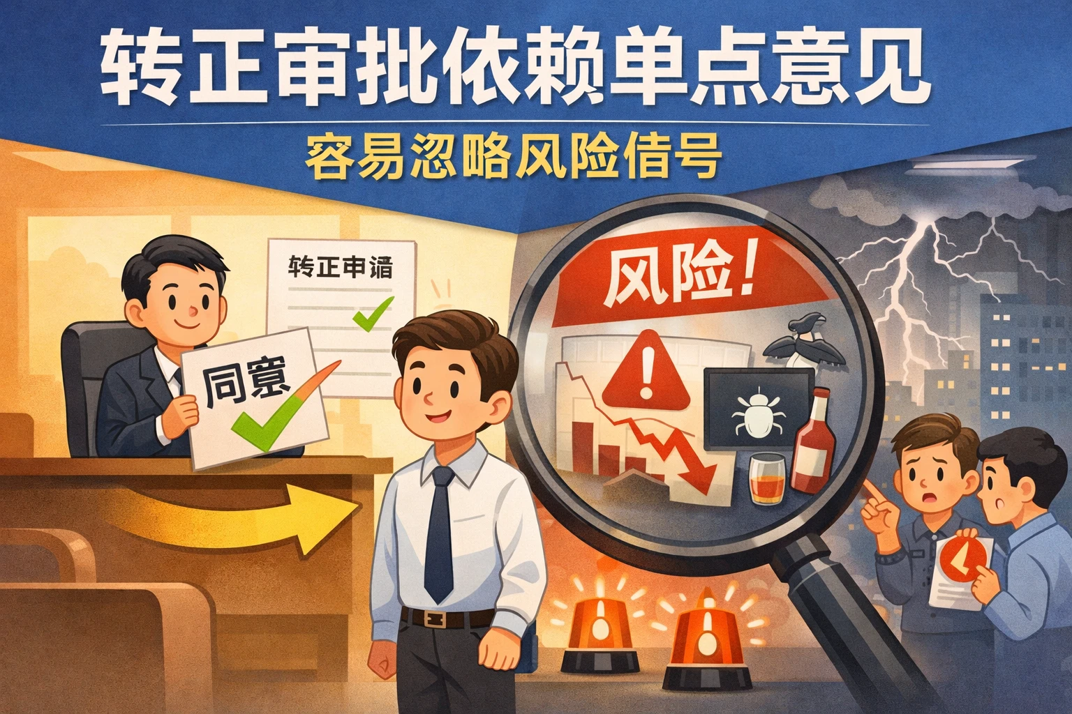 转正审批依赖单点意见，容易忽略风险信号