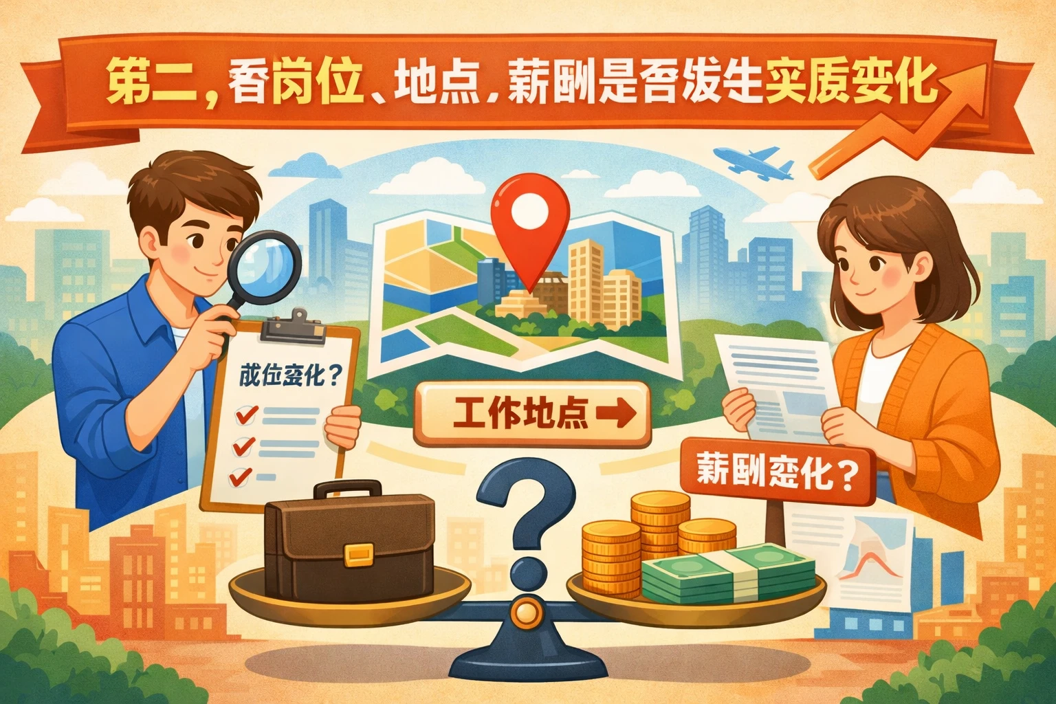 第二，看岗位、地点、薪酬是否发生实质变化