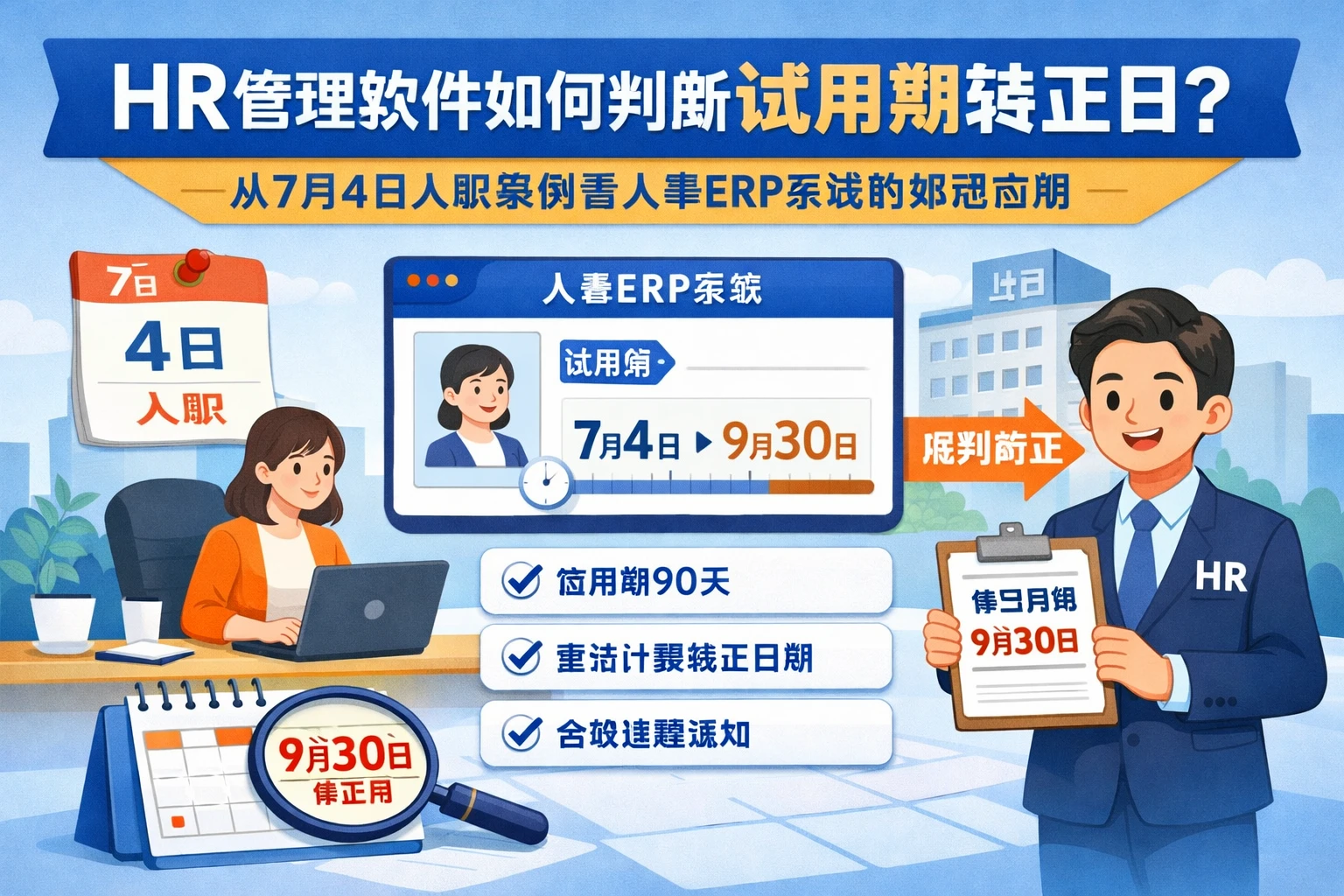 HR管理软件如何判断试用期转正日？从7月4日入职案例看人事ERP系统的规范应用