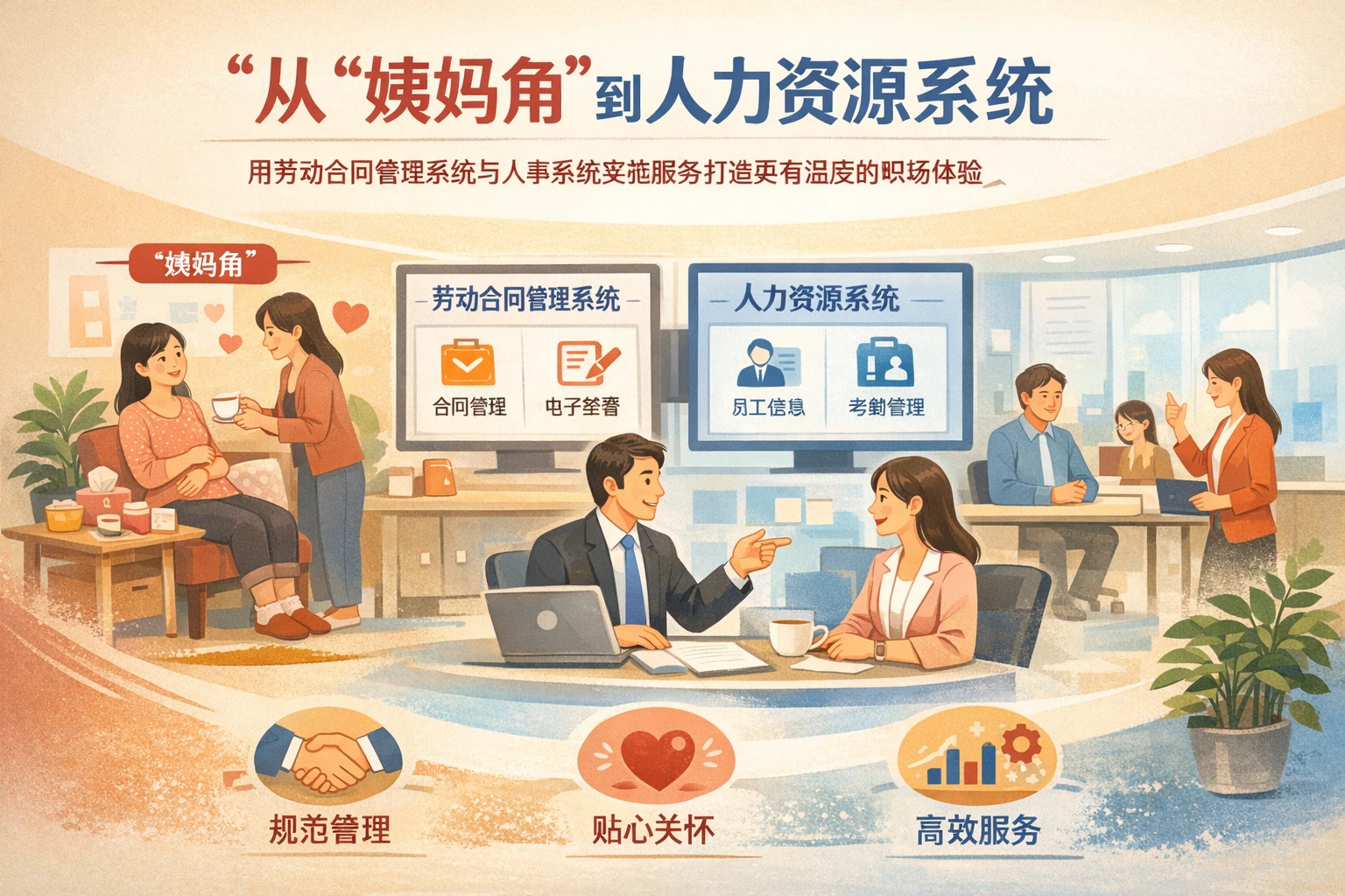 从“姨妈角”到人力资源系统：用劳动合同管理系统与人事系统实施服务打造更有温度的职场体验
