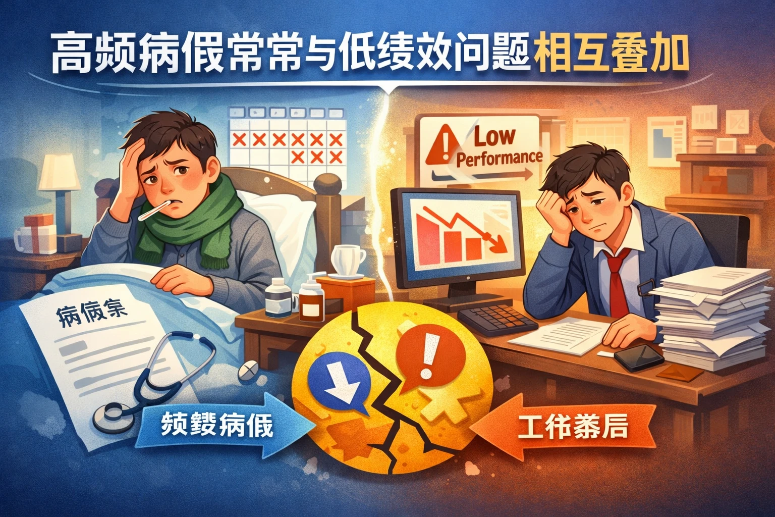 高频病假常常与低绩效问题相互叠加